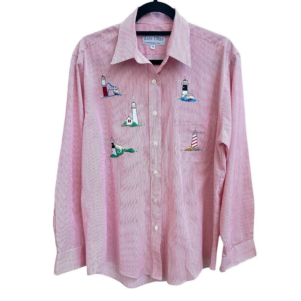 Las Olas Lighthouse Button Up Long Slv Stripe Shirt M Oversized Coastal Cover Up